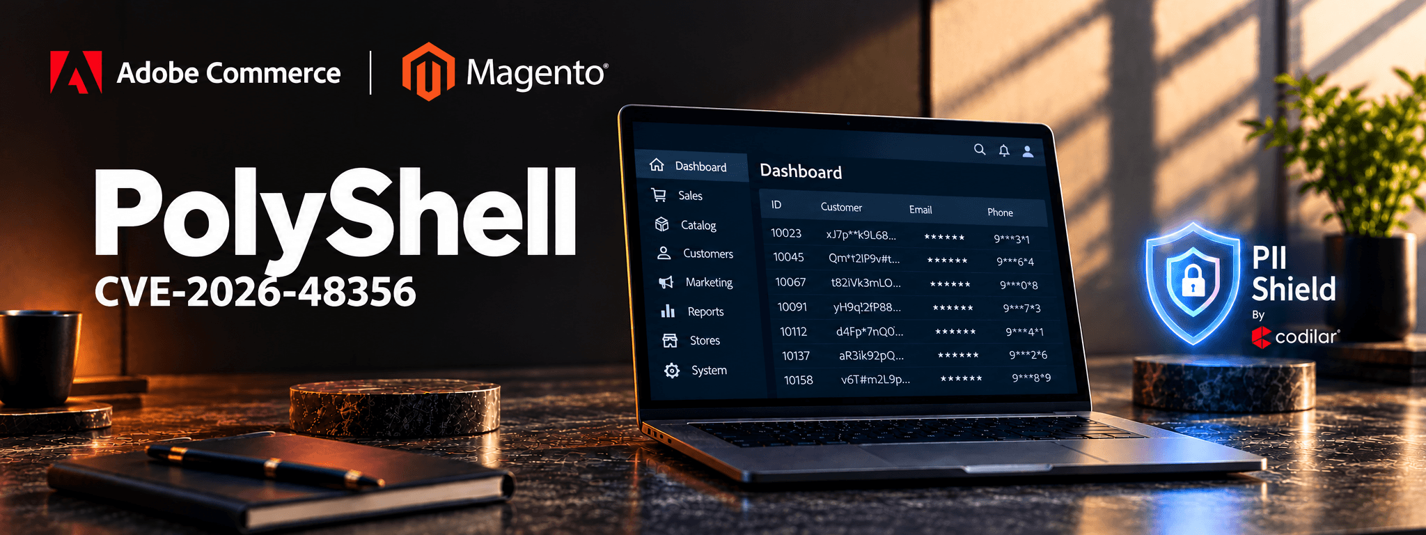 PolyShell CVE-2026-48356 vulnerability affecting Adobe Commerce and Magento, illustrated with an admin dashboard displaying masked customer data and a PII Shield security emblem.