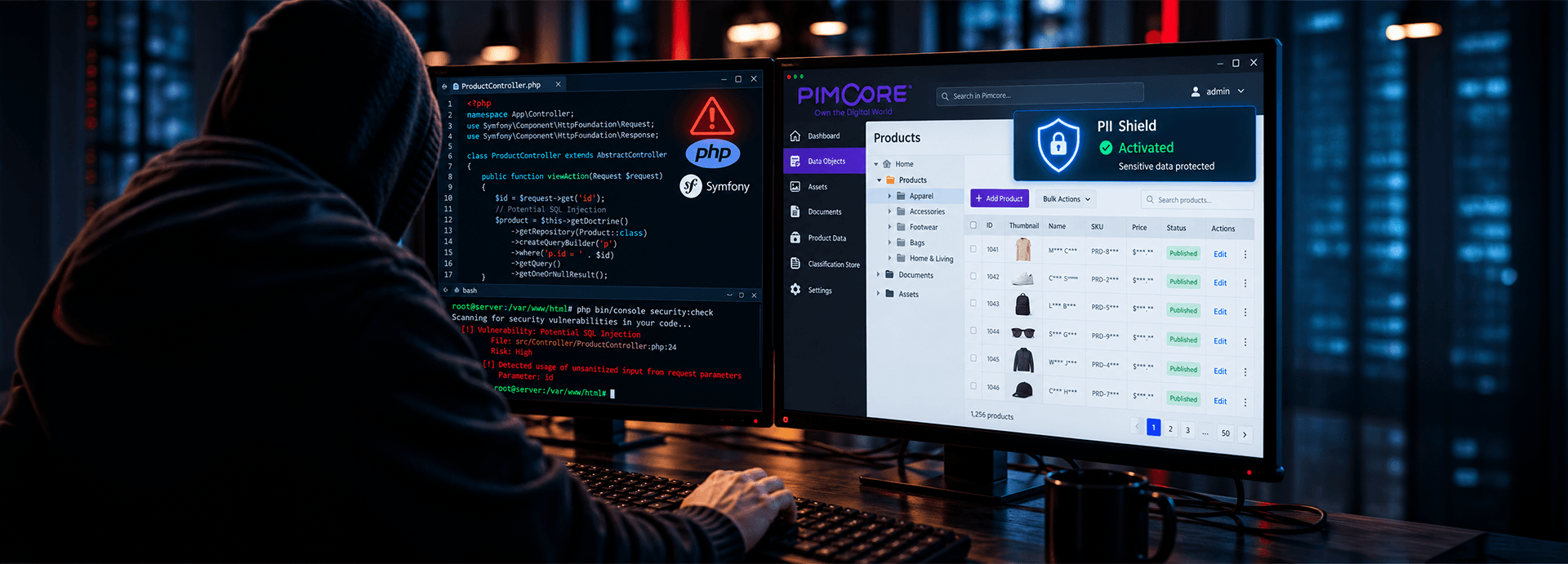 Hooded person at dual monitors: PHP/Symfony code and a SQL injection scan beside a Pimcore dashboard showing a “PII Shield Activated” alert.
